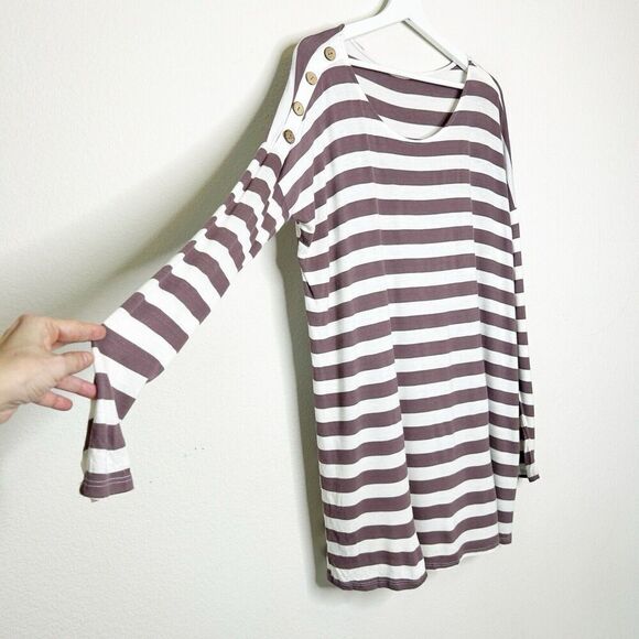 Mon Ami USA Brown and Cream Striped Button Shoulder Tunic Top L - Picture 6 of 10